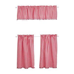 Pioneer Woman Kitchen Window Curtain Gingham White Red Pompom Edging 3-Pc Gift